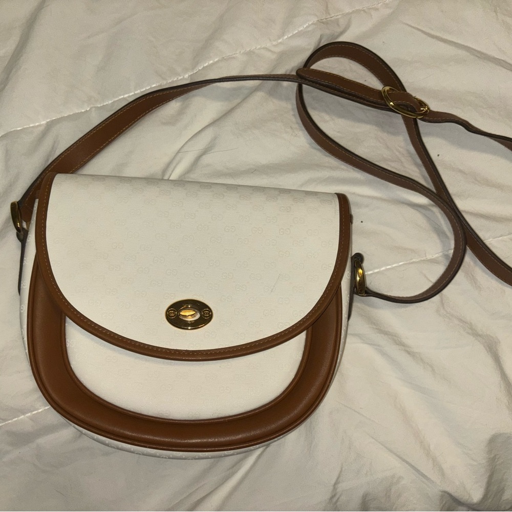 Gucci Vintage Supreme GG Authentic White and Brown Camel Leather Crossbody Bag